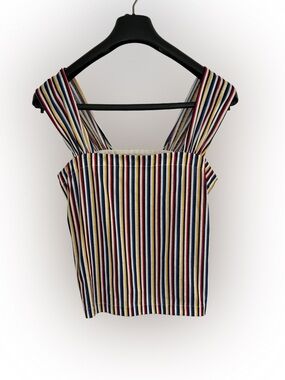 Vintage Raffanalla Stripe Square-Neck Cotton Crop Top - Navy/Red/Yellow Size 8